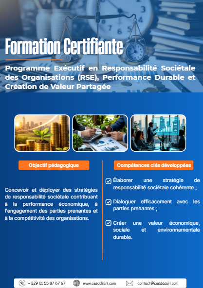 Programme Exécutif en Responsabilité Sociétale des Organisations (RSE), Performance Durable et Création de Valeur Partagée