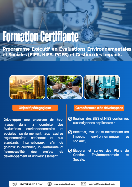Programme Exécutif en Évaluations Environnementales et Sociales (EIES, NIES, PGES) et Gestion des Impacts