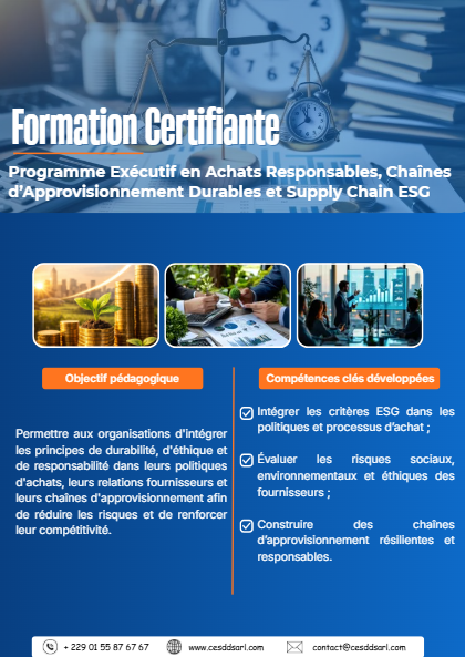 Programme Exécutif en Achats Responsables, Chaînes d’Approvisionnement Durables et Supply Chain ESG